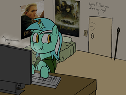 Size: 1600x1200 | Tagged: safe, artist:porkboy, lyra heartstrings, g4, bed, bedroom, computer, dialogue, door, keyboard, lord of the rings, poster, ring, scrunchy face, the one ring