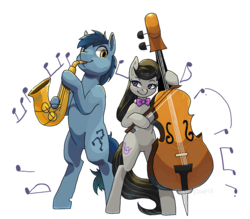 Size: 1024x896 | Tagged: safe, artist:idrawweeklypony, blues, noteworthy, octavia melody, earth pony, pony, g4, bipedal, cello, female, looking at each other, looking at someone, male, mare, music notes, musical instrument, notetavia, saxophone, shipping, simple background, stallion, straight, transparent background