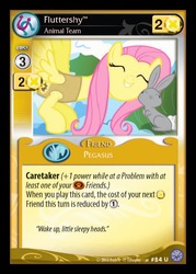 Size: 869x1213 | Tagged: safe, enterplay, fluttershy, pegasus, pony, rabbit, g4, my little pony collectible card game, premiere, animal, ccg, eyes closed, female, mare, nuzzling, spread wings, wings