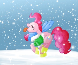 Size: 3000x2500 | Tagged: safe, artist:kelisah, pinkie pie, g4, boots, clothes, coat, female, scarf, snow, snowfall, solo, winter