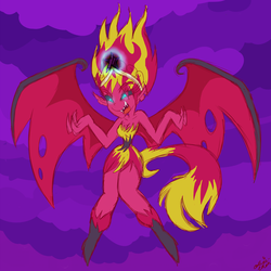 Size: 1833x1833 | Tagged: safe, artist:callyie-chan, artist:princesscallyie, sunset shimmer, equestria girls, g4, my little pony equestria girls, female, flying, glowing eyes, scene interpretation, solo, sunset satan