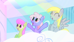 Size: 500x281 | Tagged: safe, screencap, derpy hooves, merry may, rainbowshine, pegasus, pony, g4, sonic rainboom (episode), background pony, cloudsdale, female, mare, observer