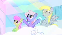 Size: 500x281 | Tagged: safe, screencap, derpy hooves, merry may, rainbowshine, pegasus, pony, g4, my little pony: friendship is magic, sonic rainboom (episode), background pony, cloudsdale, female, mare, observer, rainbowshining