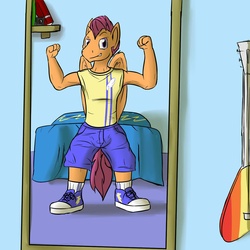 Size: 1280x1280 | Tagged: safe, artist:fuzebox, scootaloo, anthro, plantigrade anthro, g4, clothes, converse, explicit source, male, mirror, older, pose, rule 63, scooteroll, shirt, shoes, shorts, solo, tank top, teenager