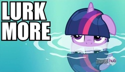 Size: 960x556 | Tagged: safe, twilight sparkle, g4, magic duel, female, hub logo, image macro, lurking, reaction image, solo, water, wet mane