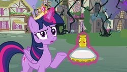 Size: 1280x720 | Tagged: safe, screencap, twilight sparkle, alicorn, pony, g4, princess twilight sparkle (episode), big crown thingy, black vine, element of magic, female, flashback potion, frown, looking at you, magic, mare, open mouth, raised eyebrow, raised hoof, solo, telekinesis, twilight sparkle (alicorn)