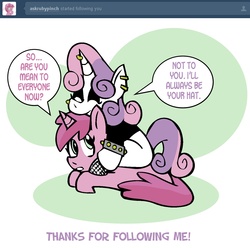 Size: 1500x1500 | Tagged: safe, artist:pembroke, ruby pinch, sweetie belle, pony, ask meanie belle, g4, comic, hat, meanie belle, ponies riding ponies, riding, sweetiehat, tumblr