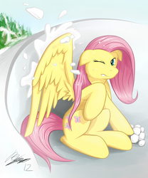 Size: 1600x1920 | Tagged: safe, artist:ruby, fluttershy, g4, female, snow, snowball, snowball fight, solo