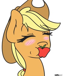 Size: 1067x1280 | Tagged: safe, artist:wiggabuysomeapples, applejack, g4, apple, bust, eyes closed, female, mouth hold, obligatory apple, simple background, solo