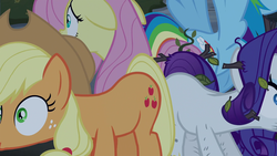 Size: 1920x1080 | Tagged: safe, screencap, applejack, fluttershy, rainbow dash, rarity, pony, castle mane-ia, g4, my little pony: friendship is magic, butt bump, butt to butt, butt touch, out of context