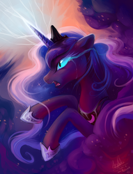 Size: 792x1037 | Tagged: safe, artist:hioshiru, princess luna, pony, g4, corrupted, crying, dark magic, female, glowing eyes, magic, mare, open mouth, solo, sombra eyes