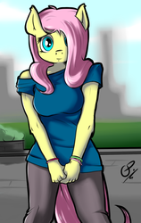 Size: 658x1043 | Tagged: safe, artist:globalpredatorx, fluttershy, anthro, g4, breasts, female, solo