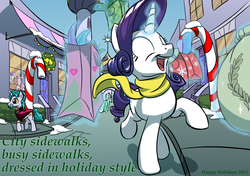 Size: 3400x2400 | Tagged: safe, artist:nadnerbd, bon bon, lyra heartstrings, princess celestia, rarity, sweetie drops, alicorn, earth pony, pony, unicorn, g4, christmas, clothes, eyes closed, female, magic, male, mare, scarf, shopping, snow, stallion, window