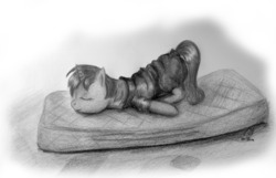 Size: 3510x2259 | Tagged: safe, artist:otherunicorn, oc, oc only, oc:littlepip, pony, unicorn, fallout equestria, black and white, eyes closed, female, grayscale, lying down, mare, mattress, monochrome, solo, traditional art