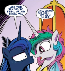 Size: 289x314 | Tagged: safe, artist:andypriceart, edit, idw, princess celestia, princess luna, g4, comic, eye contact, female, glare, male, messy mane, open mouth, ship:spikelestia, ship:spiluna, shipping, spike gets all the mares, spilulestia, straight, text edit, wide eyes