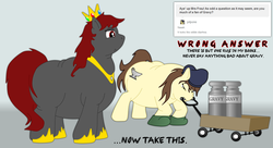 Size: 2774x1507 | Tagged: safe, oc, oc only, oc:pit pone, oc:queen frau, cart, chubby, coal, fat, gravy, gravy boat, hat, miner, wrong answer