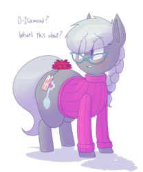 Size: 1000x1200 | Tagged: safe, artist:secretgoombaman12345, silver spoon, earth pony, pony, ask chubby diamond, g4, blushing, chubby, clothes, female, lip bite, ribbon, simple background, solo, sweater, transparent background