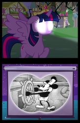 Size: 1029x1581 | Tagged: safe, twilight sparkle, alicorn, pony, g4, princess twilight sparkle (episode), disney, female, glowing eyes, mare, mickey mouse, projector, steamboat willie, twilight projector, twilight sparkle (alicorn)