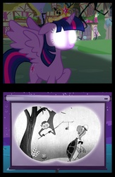 Size: 1029x1581 | Tagged: safe, twilight sparkle, alicorn, monkey, pony, g4, princess twilight sparkle (episode), bert the turtle, civil defense administration, duck and cover, dynamite, female, glowing eyes, mare, projector, public service announcement, twilight projector, twilight sparkle (alicorn)