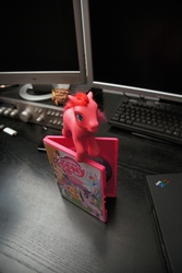 Size: 1200x1800 | Tagged: safe, pinkie pie, g3, g4, computer, customized toy, desk, dvd, french, irl, merchandise, photo, photography, thinkpad, toy