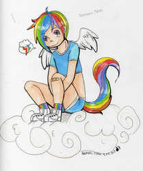 Size: 1910x2281 | Tagged: safe, artist:akamaru chan, rainbow dash, human, g4, bandaid, cloud, cloudy, female, humanized, light skin, pictogram, pixiv, solo, speech bubble, tailed humanization, traditional art, winged humanization