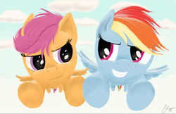 Size: 1800x1163 | Tagged: safe, artist:charzymon, rainbow dash, scootaloo, g4, flying