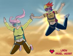 Size: 1017x786 | Tagged: safe, artist:ladypixelheart, fluttershy, rainbow dash, human, g4, air ponyville, belly button, breasts, busty fluttershy, falling, female, goggles, humanized, light skin, midriff, parachute, skydiving