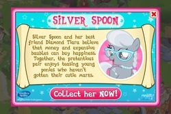 Size: 960x640 | Tagged: safe, gameloft, screencap, silver spoon, g4, bio, description, female, game, implied diamond tiara, introduction card, solo, text