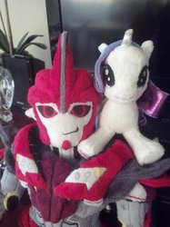 Size: 774x1033 | Tagged: safe, artist:laserbot, rarity, g4, irl, knock out, photo, plushie, transformers, transformers prime