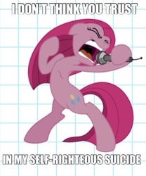 Size: 370x445 | Tagged: safe, pinkie pie, earth pony, pony, g4, bipedal, chop suey, female, lyrics, pinkamena diane pie, singing, solo, song reference, system of a down