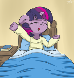 Size: 1329x1396 | Tagged: dead source, safe, artist:zortail, twilight sparkle, pony, unicorn, g4, bed, bed mane, clothes, female, mare, morning ponies, shirt, solo, unicorn twilight