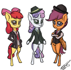 Size: 900x890 | Tagged: safe, artist:assasinmonkey, apple bloom, scootaloo, sweetie belle, pony, semi-anthro, g4, bipedal, clothes, cutie mark crusaders, jacket, necktie, suit