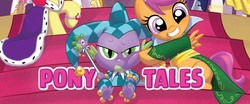 Size: 674x280 | Tagged: safe, artist:amy mebberson, idw, scootaloo, spike, dragon, pegasus, pony, g4, cane, comic, cover, female, filly, jester, twilight scepter