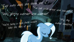 Size: 1920x1080 | Tagged: safe, artist:derp1a, trixie, pony, unicorn, boast busters, g4, magic duel, broken, disembodied thoughts, eyes closed, female, floppy ears, insult, mare, rain, sad, solo