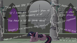 Size: 900x506 | Tagged: safe, artist:derp1a, twilight sparkle, g4, broken, disembodied thoughts, female, insult, sad, solo
