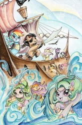 Size: 655x1000 | Tagged: safe, artist:sara richard, idw, applejack, captain hoofbeard, fluttershy, pinkie pie, rainbow dash, rarity, twilight sparkle, earth pony, merpony, pegasus, pony, sea pony, unicorn, g4, bicorne, butt, buttstuck, cover, eyepatch, female, hat, mare, no logo, painting, pirate, plot, ship, stuck, sword, textless, water, weapon