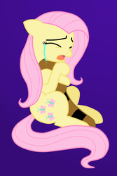 Size: 480x720 | Tagged: safe, artist:shinobiferret, fluttershy, g4, coonskin cap, crying, davy crockett, female, raccoon hat, solo