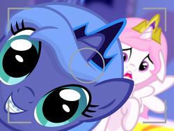Size: 1600x1200 | Tagged: safe, artist:arvaus, princess celestia, princess luna, alicorn, pony, g4, alicorn eclipse, braces, camera, camera shot, cewestia, cute, daaaaaaaaaaaw, female, filly, floppy ears, frown, grin, looking at you, luna eclipsing celestia, open mouth, photobomb, pink-mane celestia, pun, smiling, spread wings, visual pun, woona, young, younger