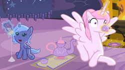 Size: 1920x1080 | Tagged: safe, artist:arvaus, princess celestia, princess luna, g4, cewestia, filly, fireplace, magic, salt, tea, teapot, wallpaper, woona