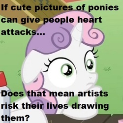 Size: 500x500 | Tagged: safe, edit, edited screencap, screencap, sweetie belle, g4, my little pony: friendship is magic, ponyville confidential, cropped, female, floppy ears, hoof on chin, meme, solo, sudden clarity sweetie belle, text