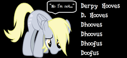 Size: 894x406 | Tagged: safe, derpy hooves, g4, female, name, sad, solo, speech bubble, text, wordplay