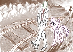 Size: 1024x729 | Tagged: safe, artist:stareaper, twilight sparkle, oc, oc:anon, human, pony, unicorn, g4, duo, train tracks, unicorn twilight