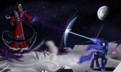 Size: 1500x900 | Tagged: safe, artist:sirzi, princess luna, g4, beam, crossover, fight, floating, flower, gritted teeth, jackie chan adventures, lotus (flower), magic, moon, planet, raised hoof, stars, telekinesis, tso lan