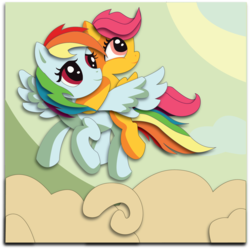 Size: 1867x1858 | Tagged: safe, artist:the-paper-pony, rainbow dash, scootaloo, pegasus, pony, g4, cloud, female, filly, flying, foal, mare, paperlike, ponies riding ponies, riding, scootaloo riding rainbow dash, scootalove, spread wings, wings