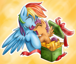Size: 890x748 | Tagged: safe, artist:xioade, rainbow dash, scootaloo, pegasus, pony, g4, box, eyes closed, female, filly, hug, mare, pony in a box, present, scootalove