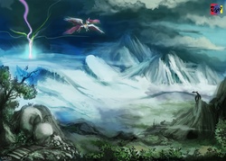 Size: 3148x2252 | Tagged: safe, artist:jowyb, princess celestia, dragon, g4, aurora crystialis, flying, scenery