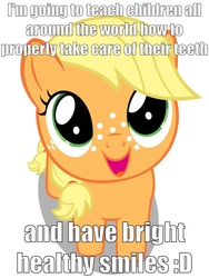 Size: 1936x2581 | Tagged: safe, applejack, g4, cute, dentist, female, filly, filly applejack, image macro, jackabetes, solo, younger