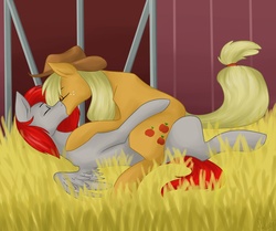 Size: 1280x1069 | Tagged: safe, artist:solweig, applejack, oc, earth pony, pegasus, pony, g4, barn, canon x oc, cowboy hat, cuddling, explicit source, eyes closed, female, grass, hat, kiss on the lips, kissing, male, mare, on back, prone, snuggling, spread wings, stallion, stetson, straight