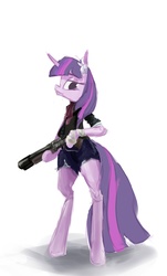 Size: 790x1310 | Tagged: safe, artist:palibyte, twilight sparkle, unicorn, semi-anthro, g4, bipedal, booker dewitt, female, gun, ponified, shotgun, solo, unicorn twilight