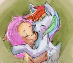 Size: 723x628 | Tagged: safe, artist:wimcrustum, fluttershy, rainbow dash, g4, bust, duo, eyes closed, female, friendshipping, hug, lesbian, ship:flutterdash, shipping